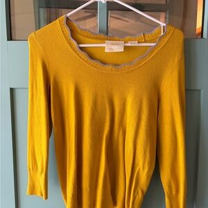 Maeve Scallop-Trim Scoop-Neck Sweater in Mustard Yellow